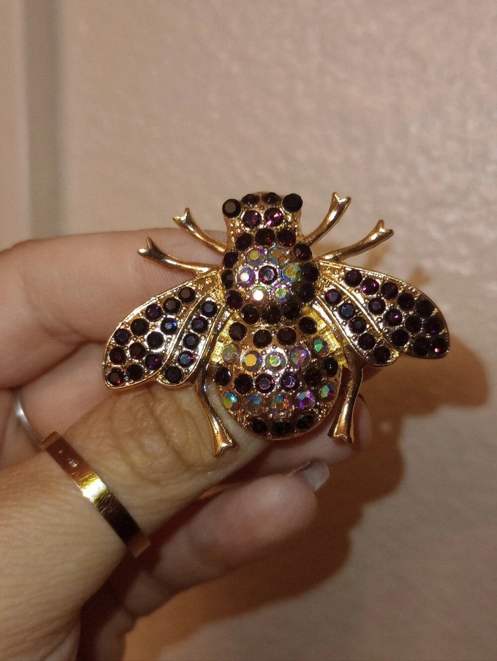 Gold Bee Brooch with Deep Purple and Iridescent Crystals